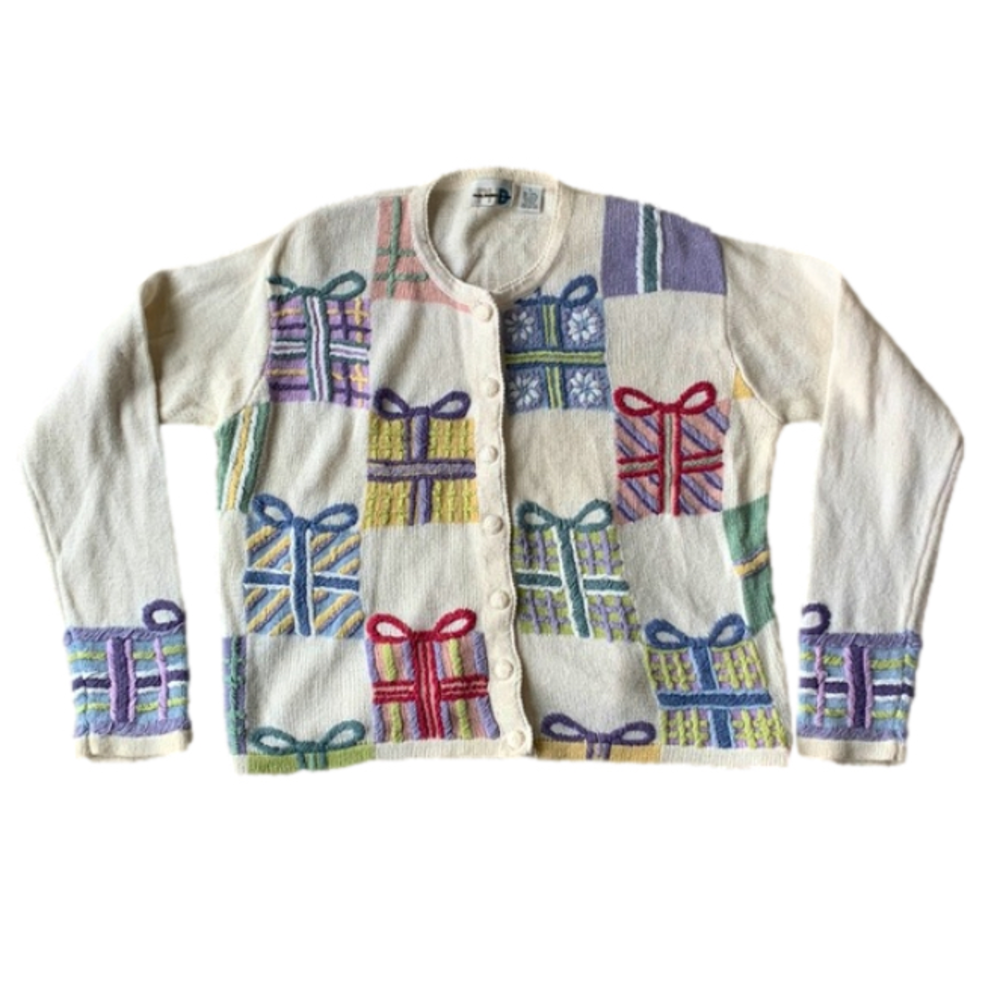 Vintage 90s Ramie Cotton Pastel Gift Box Party Sweater Cardigan Women Large